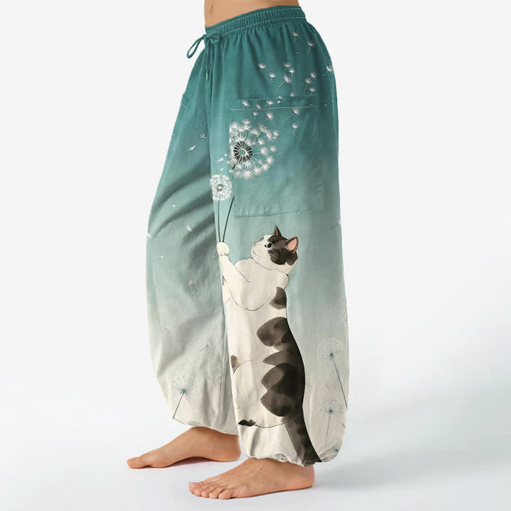 Buddha Stones Cotton Dreamy Cow Cat Dandelion Pattern Women's Elastic Waist Harem Pants With Side Pockets - image 8