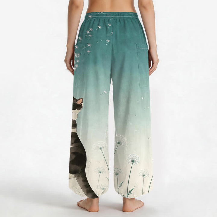 Buddha Stones Cotton Dreamy Cow Cat Dandelion Pattern Women's Elastic Waist Harem Pants With Side Pockets - image 9