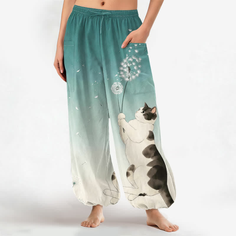 Buddha Stones Cotton Dreamy Cow Cat Dandelion Pattern Women's Elastic Waist Harem Pants With Side Pockets - Teal - US16，UK/AU20，EU48 (3XL) - image 7
