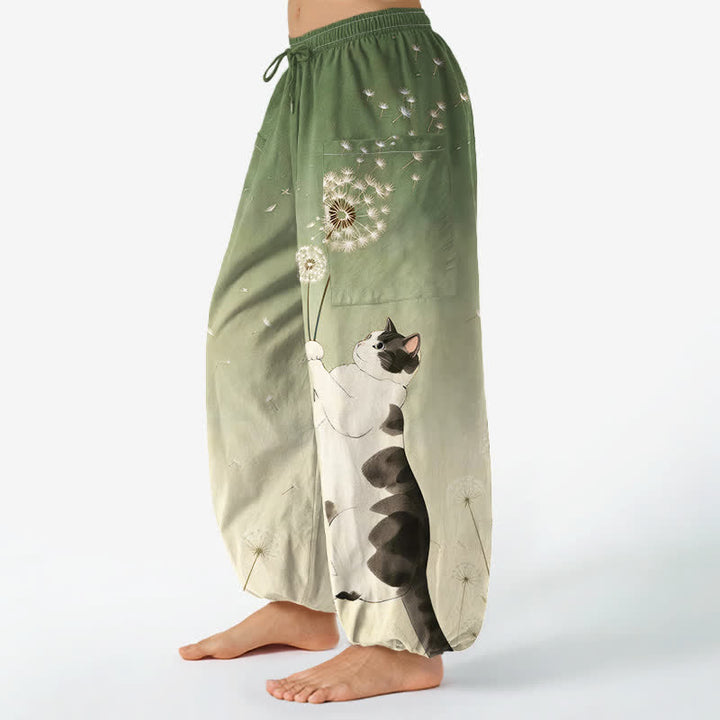 Buddha Stones Cotton Dreamy Cow Cat Dandelion Pattern Women's Elastic Waist Harem Pants With Side Pockets - image 11