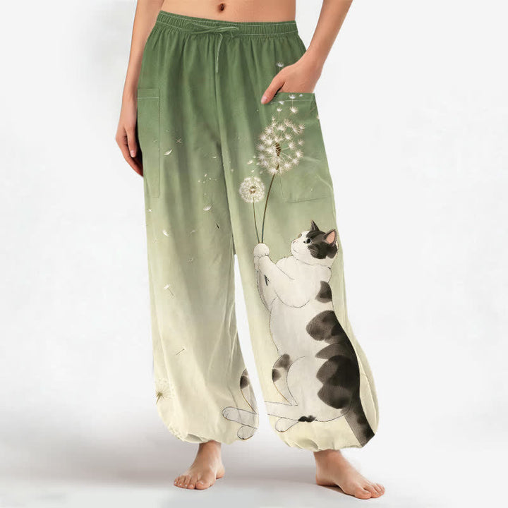 Buddha Stones Cotton Dreamy Cow Cat Dandelion Pattern Women's Elastic Waist Harem Pants With Side Pockets - OliveDrab - US16，UK/AU20，EU48 (3XL) - image 10