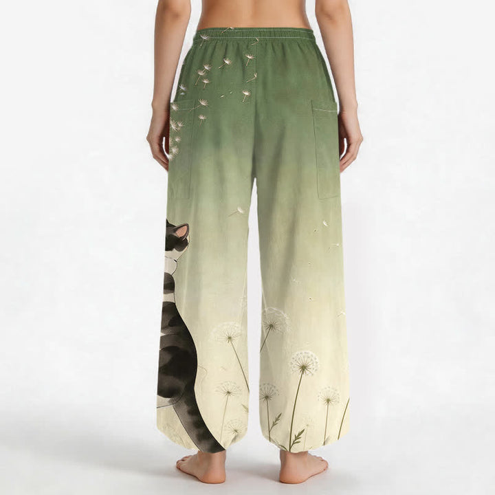 Buddha Stones Cotton Dreamy Cow Cat Dandelion Pattern Women's Elastic Waist Harem Pants With Side Pockets - image 12