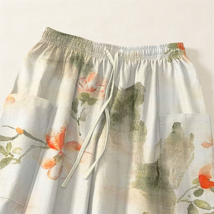Buddha Stones Cotton Watercolor Floral Butterfly Pattern Women's Elastic Waist Harem Pants With Side Pockets - image 5