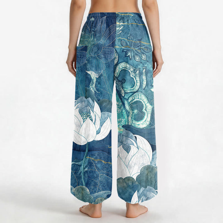 Buddha Stones Cotton White Lotus Leaf Pattern Women's Elastic Waist Harem Pants With Side Pockets - image 9