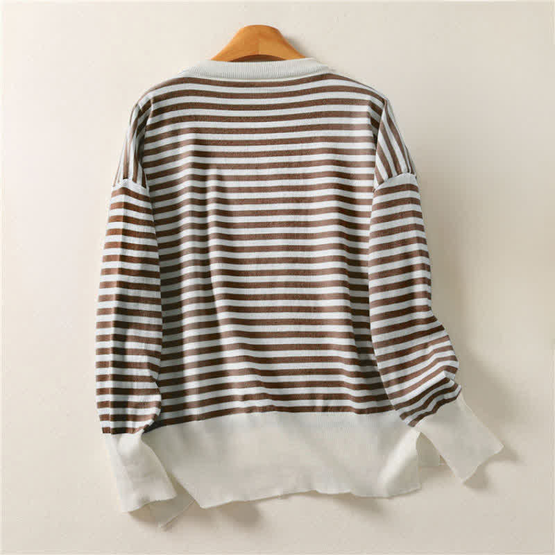 Buddha Stones Fall Winter Casual Vintage Striped Crew Neck Cotton Women's Long Sleeve Knitwear - image 1