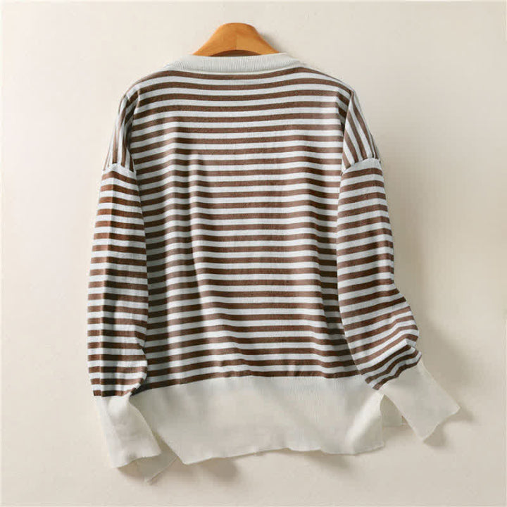 Buddha Stones Fall Winter Casual Vintage Striped Crew Neck Cotton Women's Long Sleeve Knitwear - image 1
