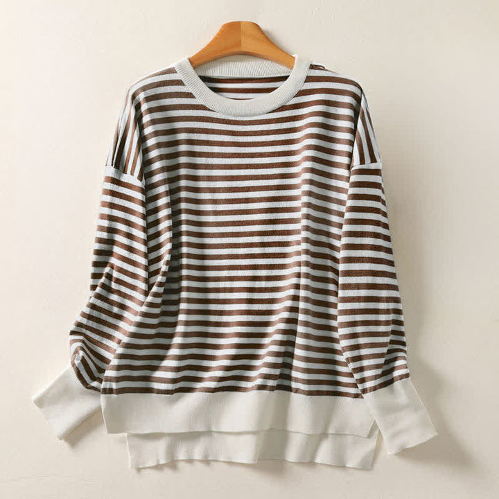 Buddha Stones Fall Winter Casual Vintage Striped Crew Neck Cotton Women's Long Sleeve Knitwear - Sienna - US4-8/10, UK/AU8-12/14, EU36-40/42 (F) - image 0
