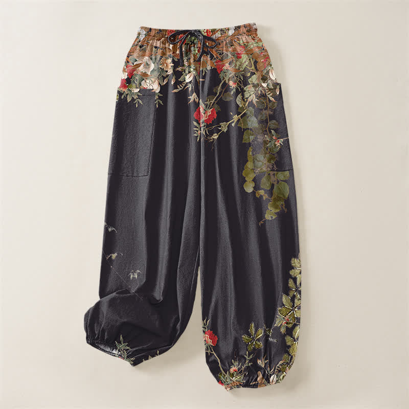 Buddha Stones Cotton Vintage Red Peony Flower Vine Pattern Women's Elastic Waist Harem Pants With Side Pockets - image 4