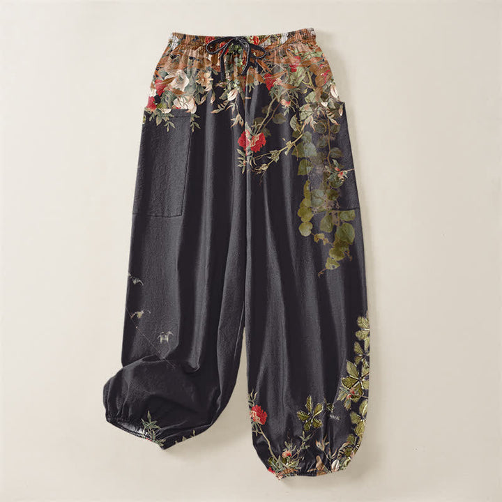 Buddha Stones Cotton Vintage Red Peony Flower Vine Pattern Women's Elastic Waist Harem Pants With Side Pockets - image 4