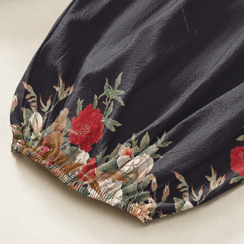 Buddha Stones Cotton Vintage Red Peony Flower Vine Pattern Women's Elastic Waist Harem Pants With Side Pockets - image 7