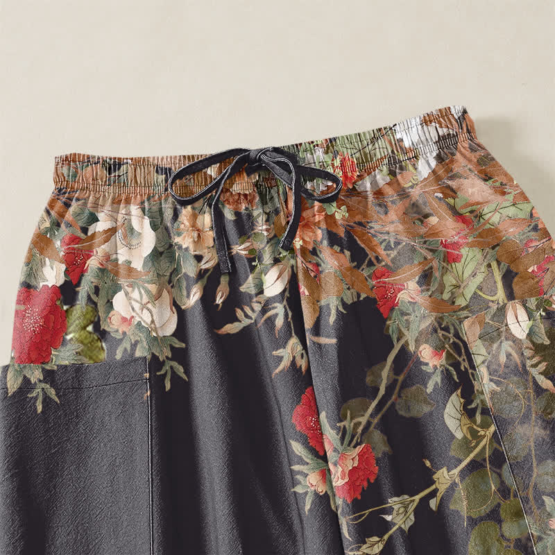 Buddha Stones Cotton Vintage Red Peony Flower Vine Pattern Women's Elastic Waist Harem Pants With Side Pockets - image 5