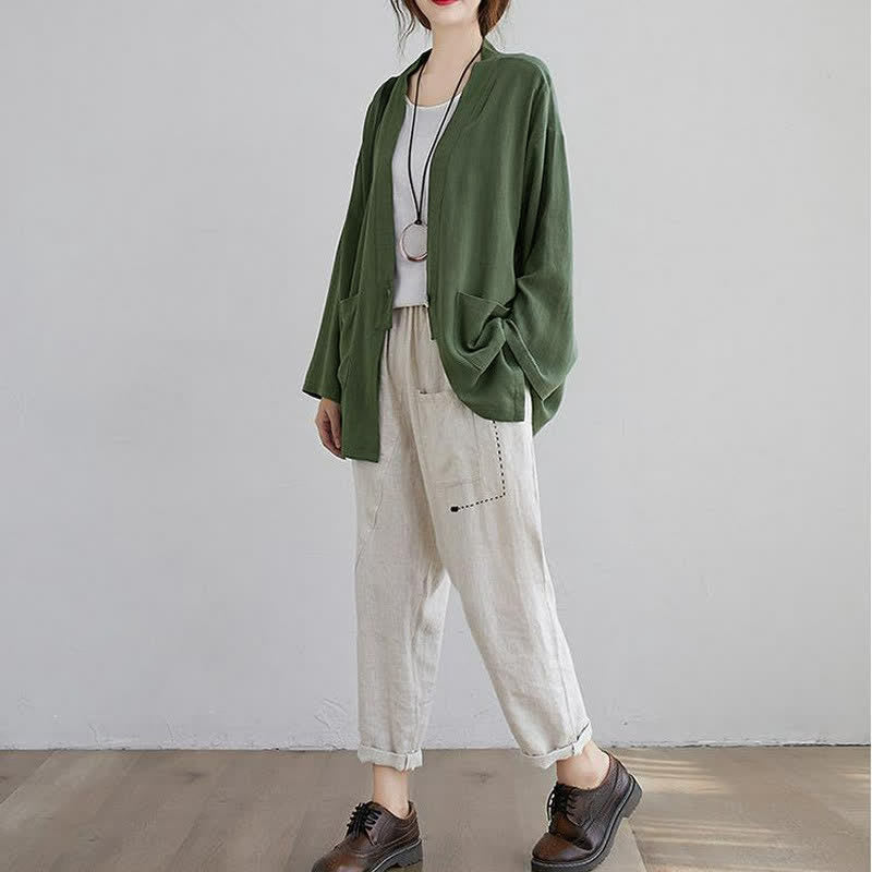 Buddha Stones Spring Summer Casual Minimalist Solid Women's Long Sleeve Shirts With Pockets - image 3