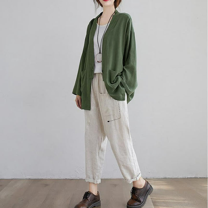 Buddha Stones Spring Summer Casual Minimalist Solid Women's Long Sleeve Shirts With Pockets - image 3
