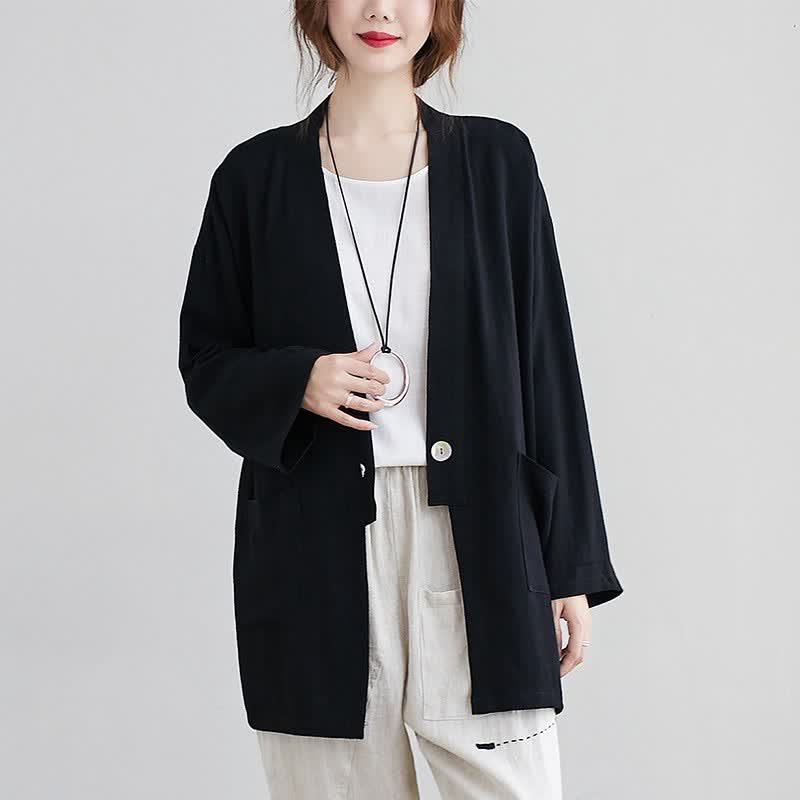 Buddha Stones Spring Summer Casual Minimalist Solid Women's Long Sleeve Shirts With Pockets - Black - US4, UK/AU8, EU36 (L) - image 4