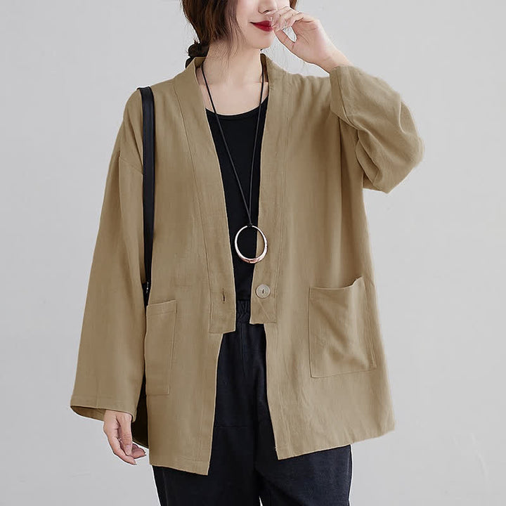Buddha Stones Spring Summer Casual Minimalist Solid Women's Long Sleeve Shirts With Pockets - Tan - US4, UK/AU8, EU36 (L) - image 8