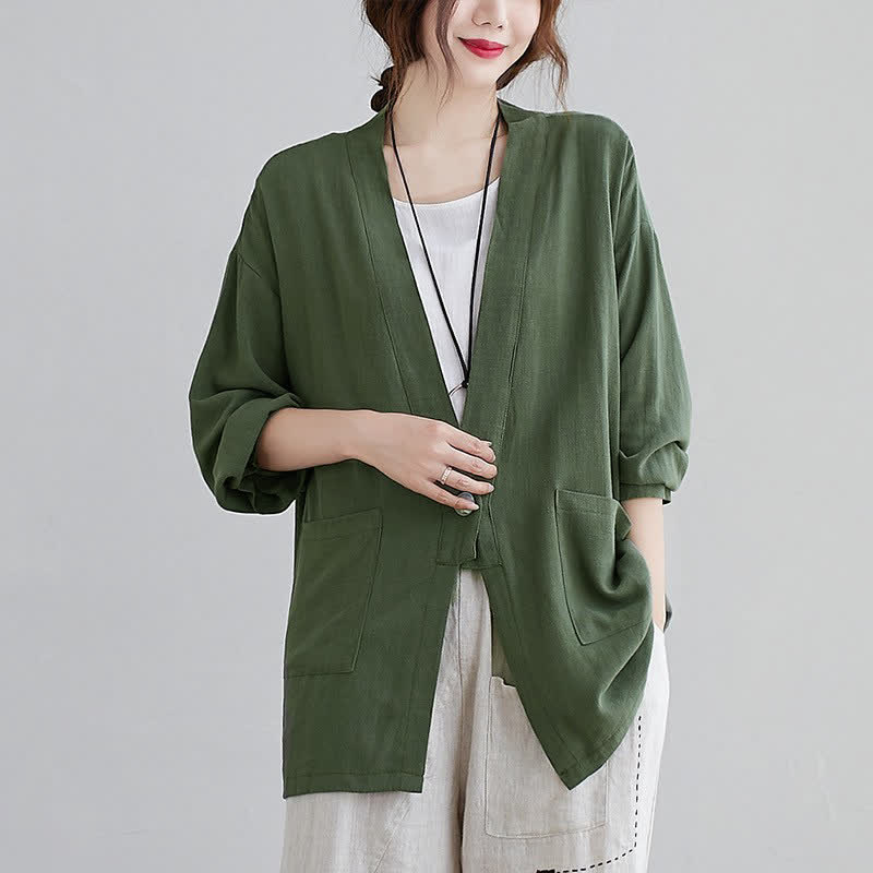 Buddha Stones Spring Summer Casual Minimalist Solid Women's Long Sleeve Shirts With Pockets - DarkOliveGreen - US4, UK/AU8, EU36 (L) - image 0