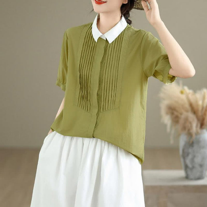 Buddha Stones Summer Casual Minimalist Button-Up Contrast Collar Pleated Women's Short Sleeve Shirts - image 4