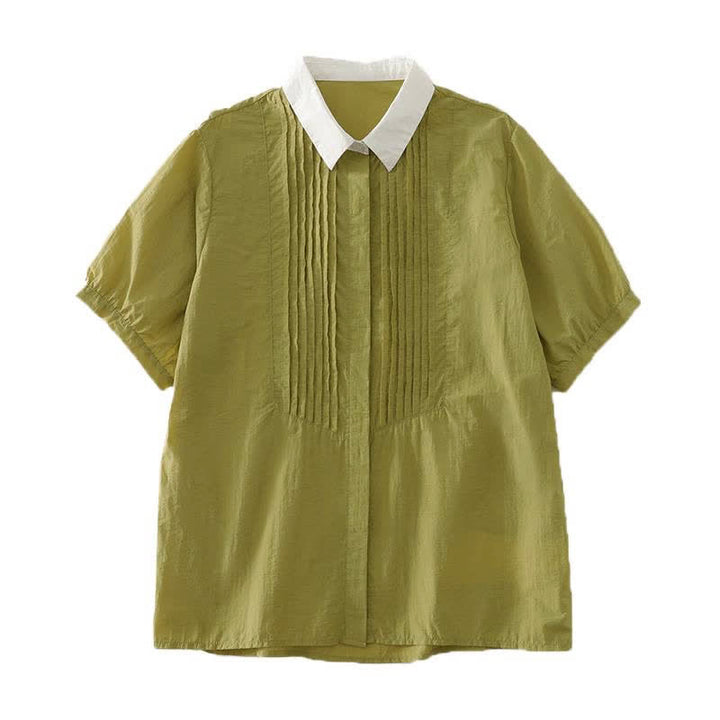 Buddha Stones Summer Casual Minimalist Button-Up Contrast Collar Pleated Women's Short Sleeve Shirts - image 8