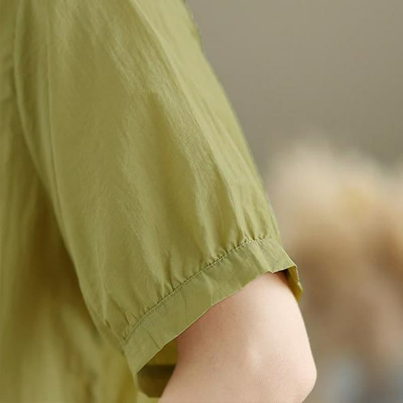 Buddha Stones Summer Casual Minimalist Button-Up Contrast Collar Pleated Women's Short Sleeve Shirts - image 7