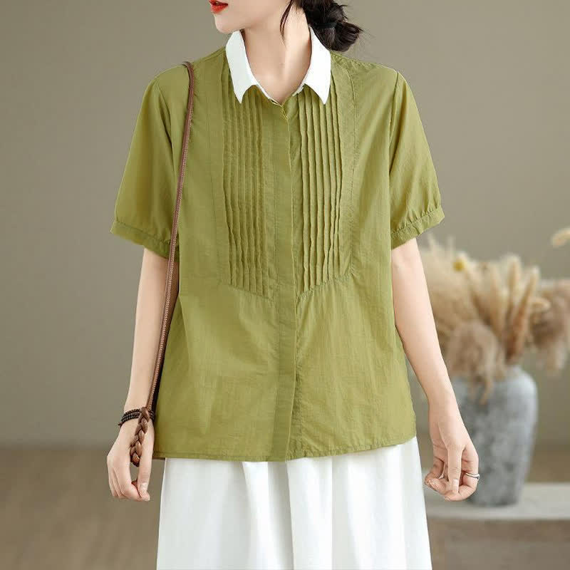 Buddha Stones Summer Casual Minimalist Button-Up Contrast Collar Pleated Women's Short Sleeve Shirts - image 1
