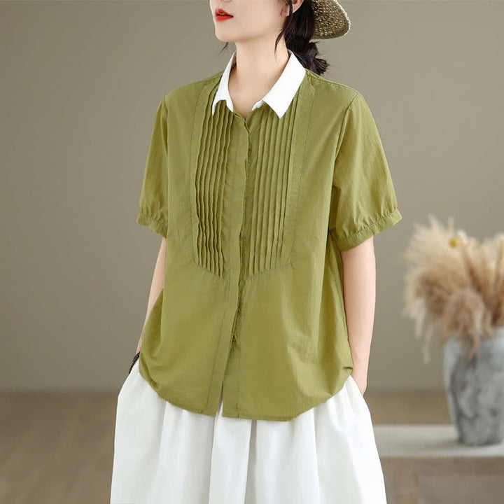 Buddha Stones Summer Casual Minimalist Button-Up Contrast Collar Pleated Women's Short Sleeve Shirts - DarkKhaki - US8-10, UK/AU12-14, EU40-42 (2XL) - image 0