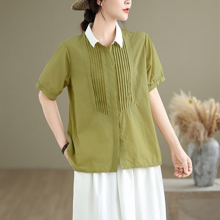 Buddha Stones Summer Casual Minimalist Button-Up Contrast Collar Pleated Women's Short Sleeve Shirts - image 2