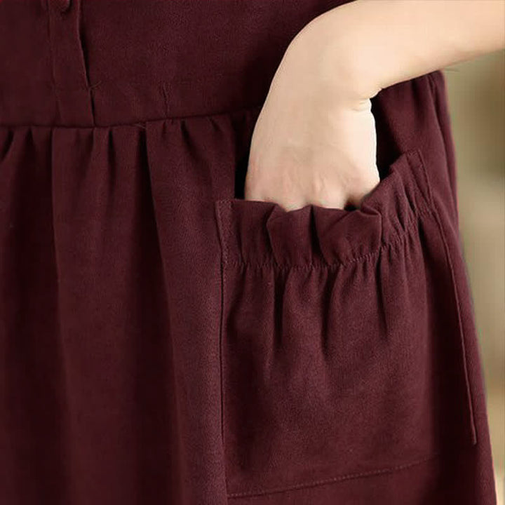 Buddha Stones Spring Minimalist Classic Button-Up Solid Maroon Women's Long Sleeve Dress With Pockets - image 7