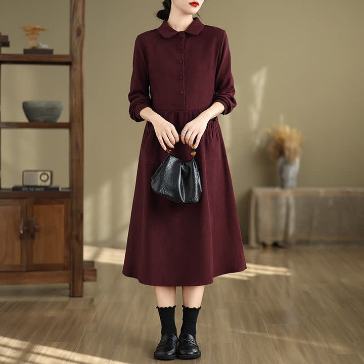 Buddha Stones Spring Minimalist Classic Button-Up Solid Maroon Women's Long Sleeve Dress With Pockets - image 4