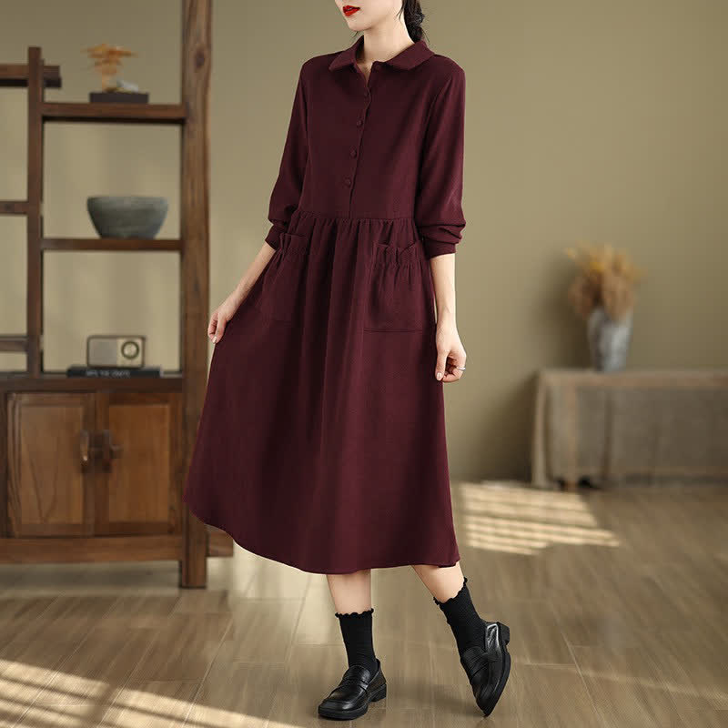 Buddha Stones Spring Minimalist Classic Button-Up Solid Maroon Women's Long Sleeve Dress With Pockets - image 2