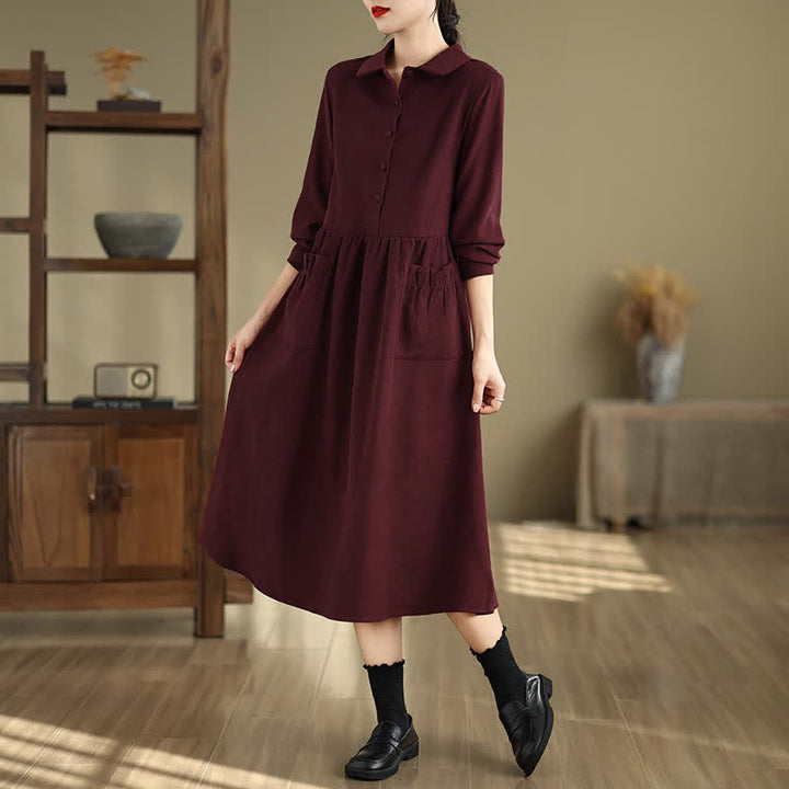 Buddha Stones Spring Minimalist Classic Button-Up Solid Maroon Women's Long Sleeve Dress With Pockets - image 2
