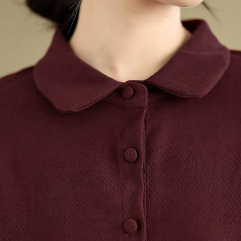 Buddha Stones Spring Minimalist Classic Button-Up Solid Maroon Women's Long Sleeve Dress With Pockets - image 5