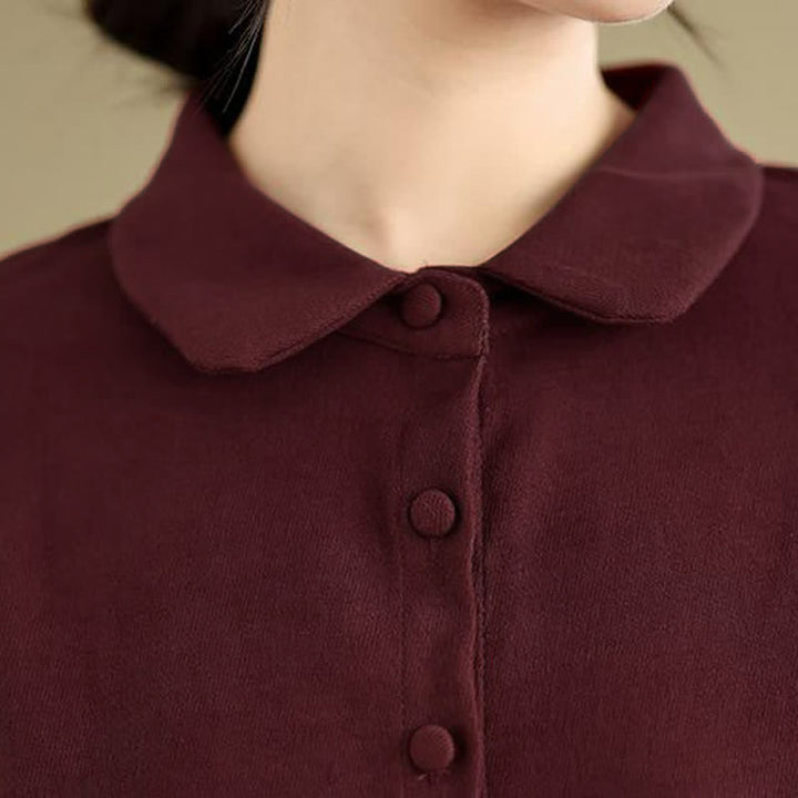 Buddha Stones Spring Minimalist Classic Button-Up Solid Maroon Women's Long Sleeve Dress With Pockets - image 5