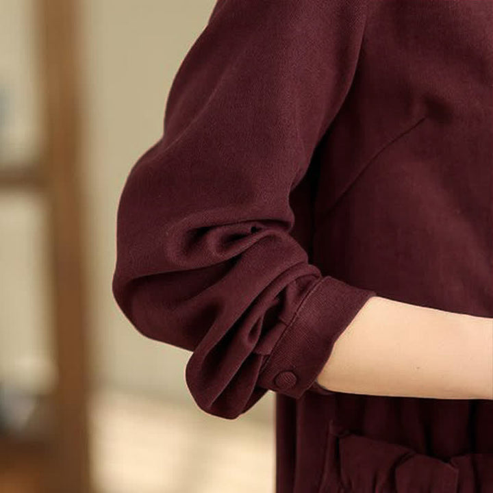 Buddha Stones Spring Minimalist Classic Button-Up Solid Maroon Women's Long Sleeve Dress With Pockets - image 6