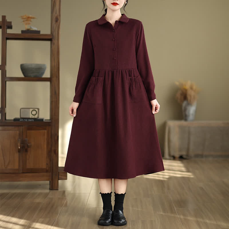 Buddha Stones Spring Minimalist Classic Button-Up Solid Maroon Women's Long Sleeve Dress With Pockets - image 1