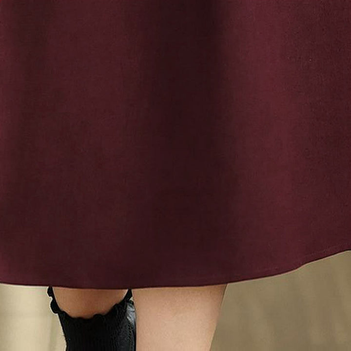 Buddha Stones Spring Minimalist Classic Button-Up Solid Maroon Women's Long Sleeve Dress With Pockets - image 8