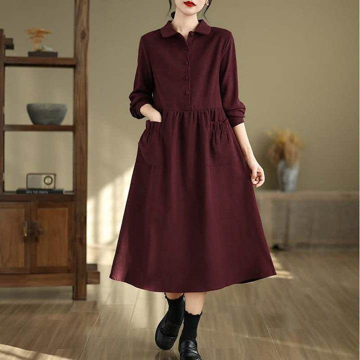Buddha Stones Spring Minimalist Classic Button-Up Solid Maroon Women's Long Sleeve Dress With Pockets - Maroon - US8-10, UK/AU12-14, EU40-42 (2XL) - image 0