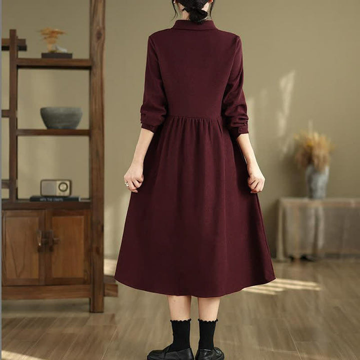 Buddha Stones Spring Minimalist Classic Button-Up Solid Maroon Women's Long Sleeve Dress With Pockets - image 3