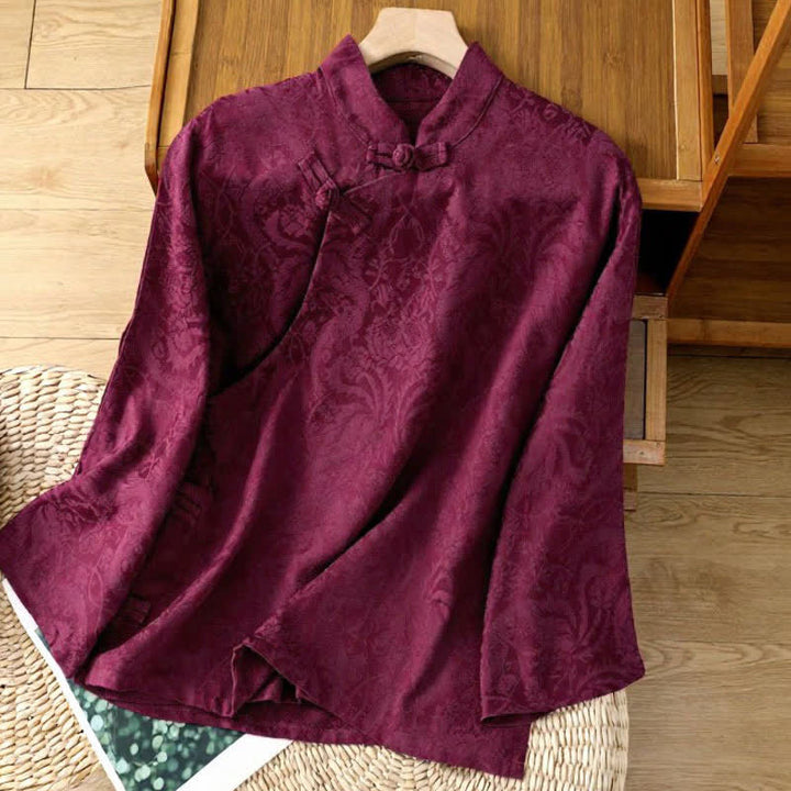 Buddha Stones Fall Elegant Tang Style Mandarin Collar Pankou Floral Women's Long Sleeve Shirts - DarkRed - US6, UK/AU10, EU38 (XL) - image 5