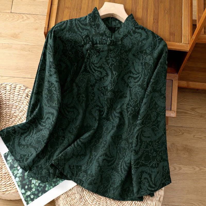 Buddha Stones Fall Elegant Tang Style Mandarin Collar Pankou Floral Women's Long Sleeve Shirts - DarkGreen - US6, UK/AU10, EU38 (XL) - image 0