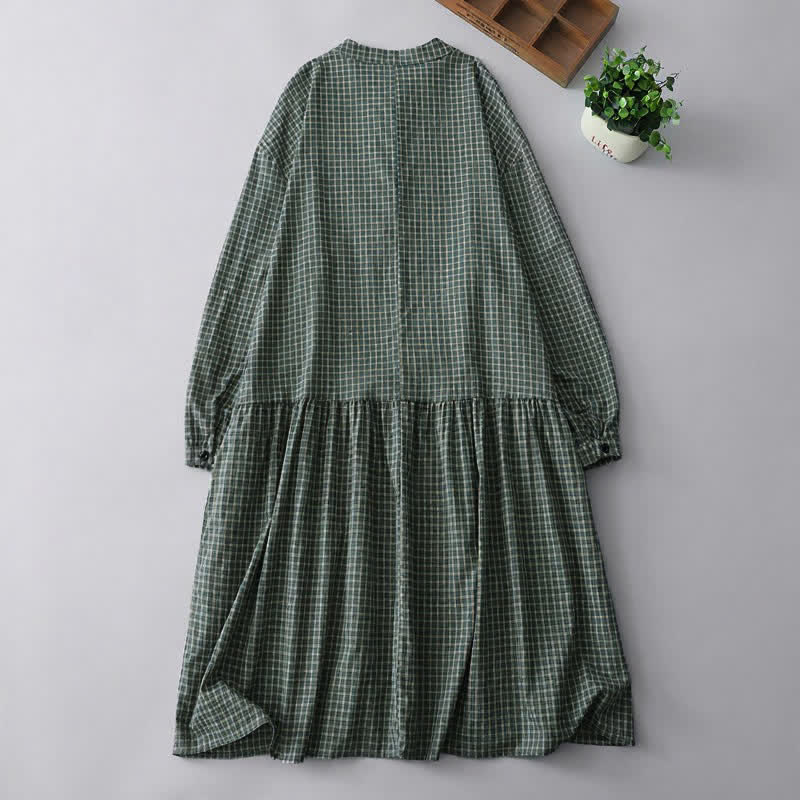 Buddha Stones Fall Casual Vintage Button-Up Plaid Women's Long Sleeve Dress - image 1