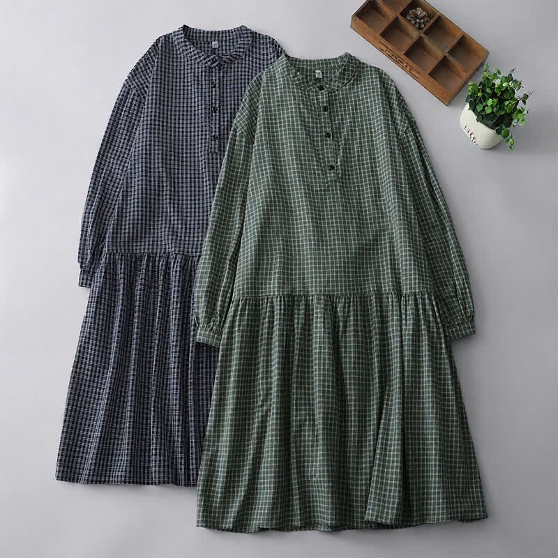 Buddha Stones Fall Casual Vintage Button-Up Plaid Women's Long Sleeve Dress - image 15