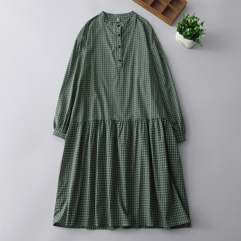 Buddha Stones Fall Casual Vintage Button-Up Plaid Women's Long Sleeve Dress - DarkSeaGreen - US8-10, UK/AU12-14, EU40-42 (2XL) - image 0