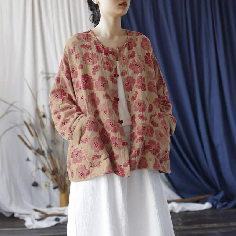 Buddha Stones Spring Elegant Retro Button-Up Pink Floral Women's Jacket With Pocket - image 3