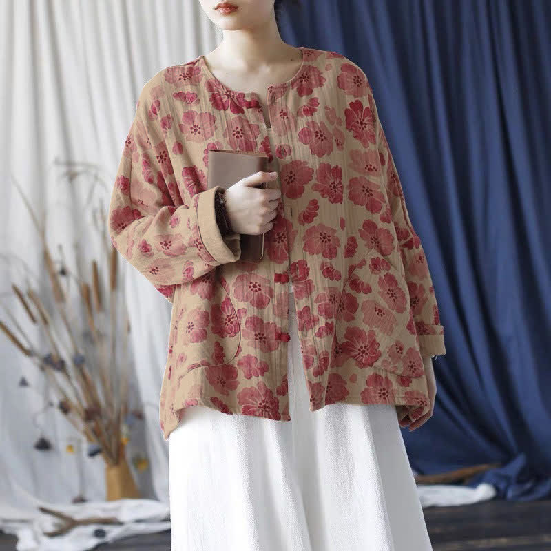 Buddha Stones Spring Elegant Retro Button-Up Pink Floral Women's Jacket With Pocket - image 4