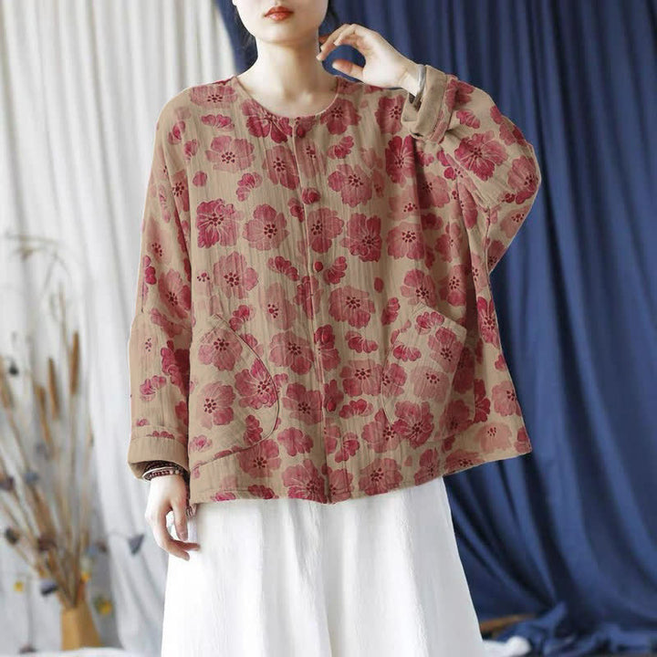Buddha Stones Spring Elegant Retro Button-Up Pink Floral Women's Jacket With Pocket - image 1