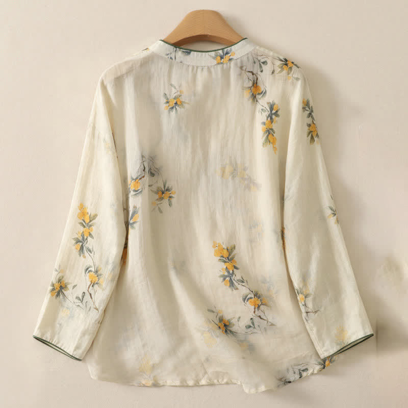Buddha Stones Spring Tang Style Vintage Mandarin Collar Frog Button Yellow Loquat Floral Women's Long Sleeve Shirts - image 1