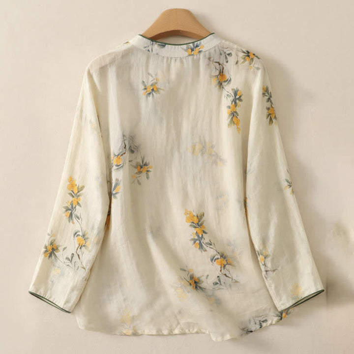 Buddha Stones Spring Tang Style Vintage Mandarin Collar Frog Button Yellow Loquat Floral Women's Long Sleeve Shirts - image 1