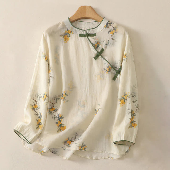 Buddha Stones Spring Tang Style Vintage Mandarin Collar Frog Button Yellow Loquat Floral Women's Long Sleeve Shirts - AntiqueWhite - US8-10, UK/AU12-14, EU40-42 (2XL) - image 0