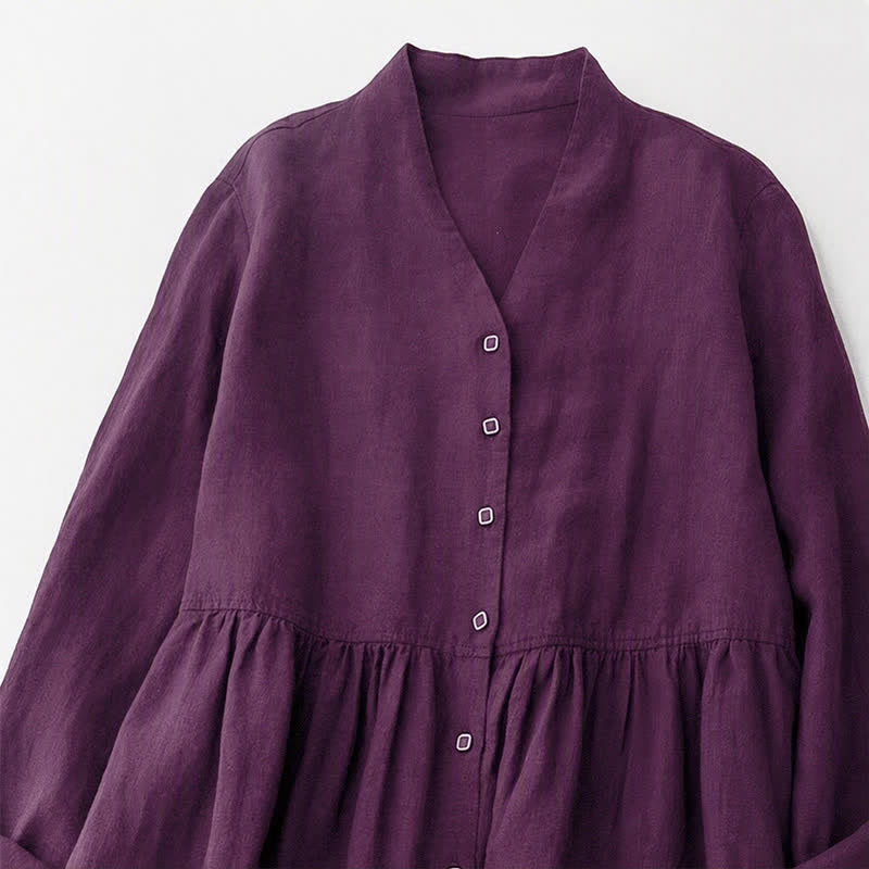 Buddha Stones Fall Casual Minimalist Button-Up Purple Women's Long Sleeve Dress With Pockets - image 2