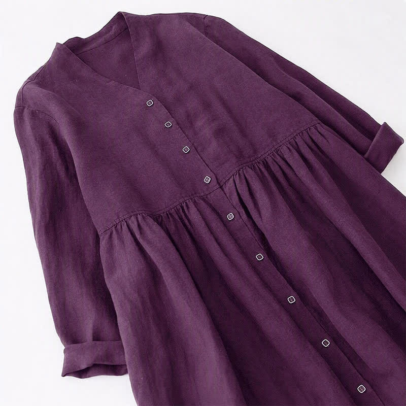Buddha Stones Fall Casual Minimalist Button-Up Purple Women's Long Sleeve Dress With Pockets - image 3